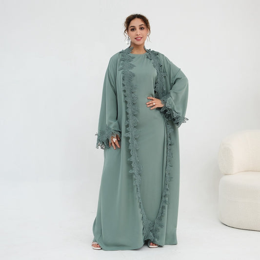 3D Lace Trimming Open Abaya Dress Set - With Inner Sleeveless Dress - Nida - For Muslim Women - #261184