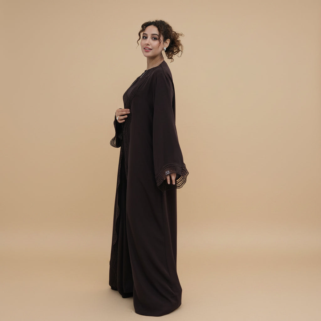 2 Pieces Set Ruffle-trimmed Open Abaya Dress - With Inner Sleevelesss Abaya Dress - #261181