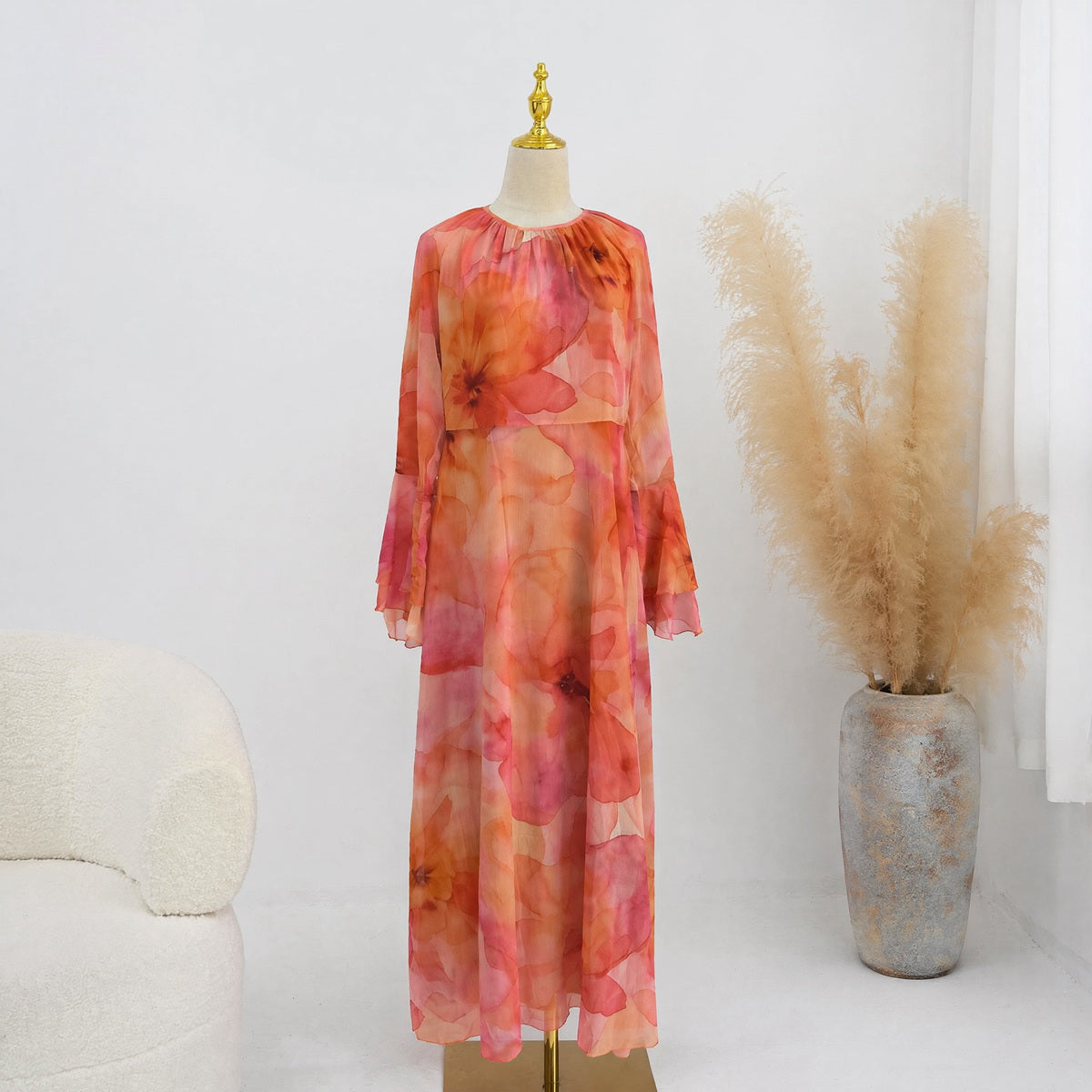Muslim Women Chiffon Printed Abaya Dress With Lining #261338