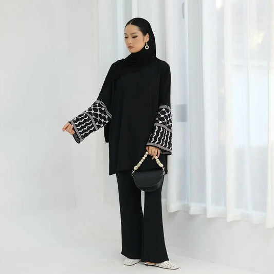 2 Pieces Set Keffiyeh Embroidery Sleeve Wrinkle Pant Suit With Tops