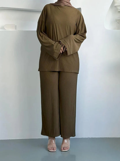 Corduroy Muslim Women 2 Pieces Suit Set Tops And Pants