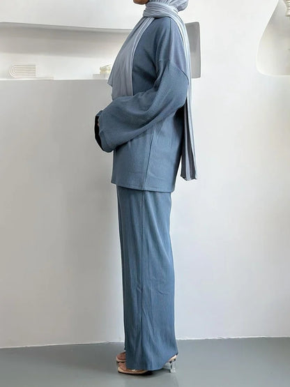 Corduroy Muslim Women 2 Pieces Suit Set Tops And Pants