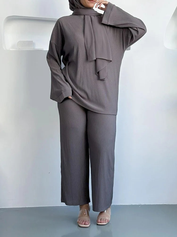 Corduroy Muslim Women 2 Pieces Suit Set Tops And Pants