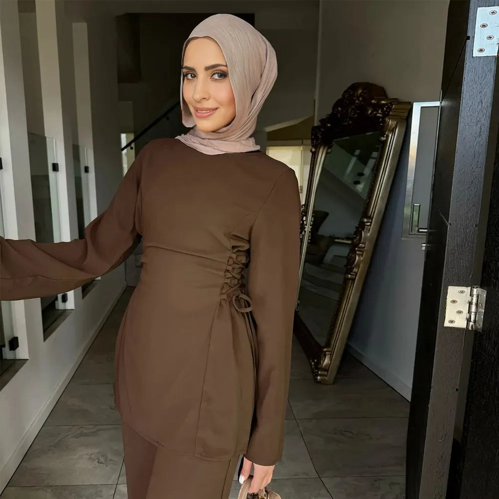Muslim Women Daily Wear Nida 2 Pieces Set Tops And Pants Suit Set #251090