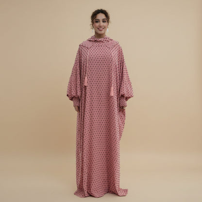 Muslim Women Hooded Polka Dots Printed Jilbab Abaya Dress #261196