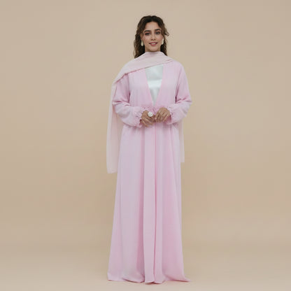 Muslim Women 3D Floral Embroidered Patchwork Nida Open Abaya Dress With A Matching Hijab #261352