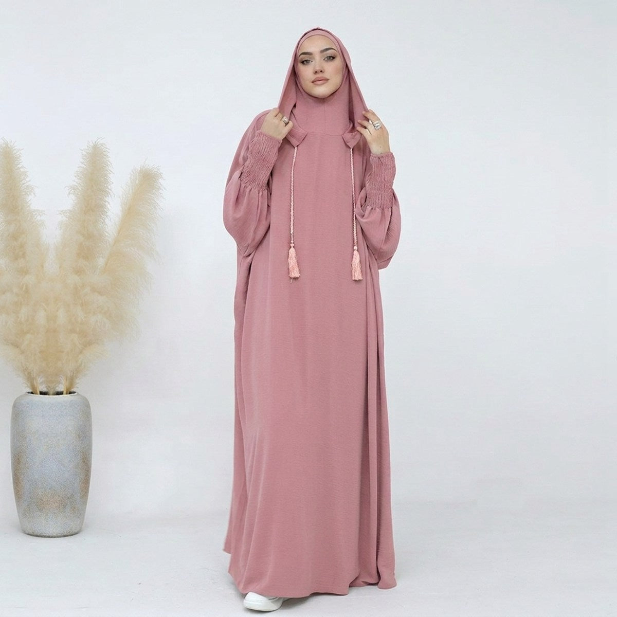 Muslim Women Hooded Abaya Prayer Dress Cotton Blend Jilbab Halal Clothing