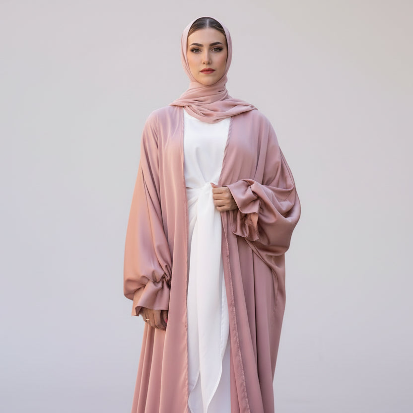 Muslim Women Puff Sleeve Satin Cardigan Open Abaya Dress