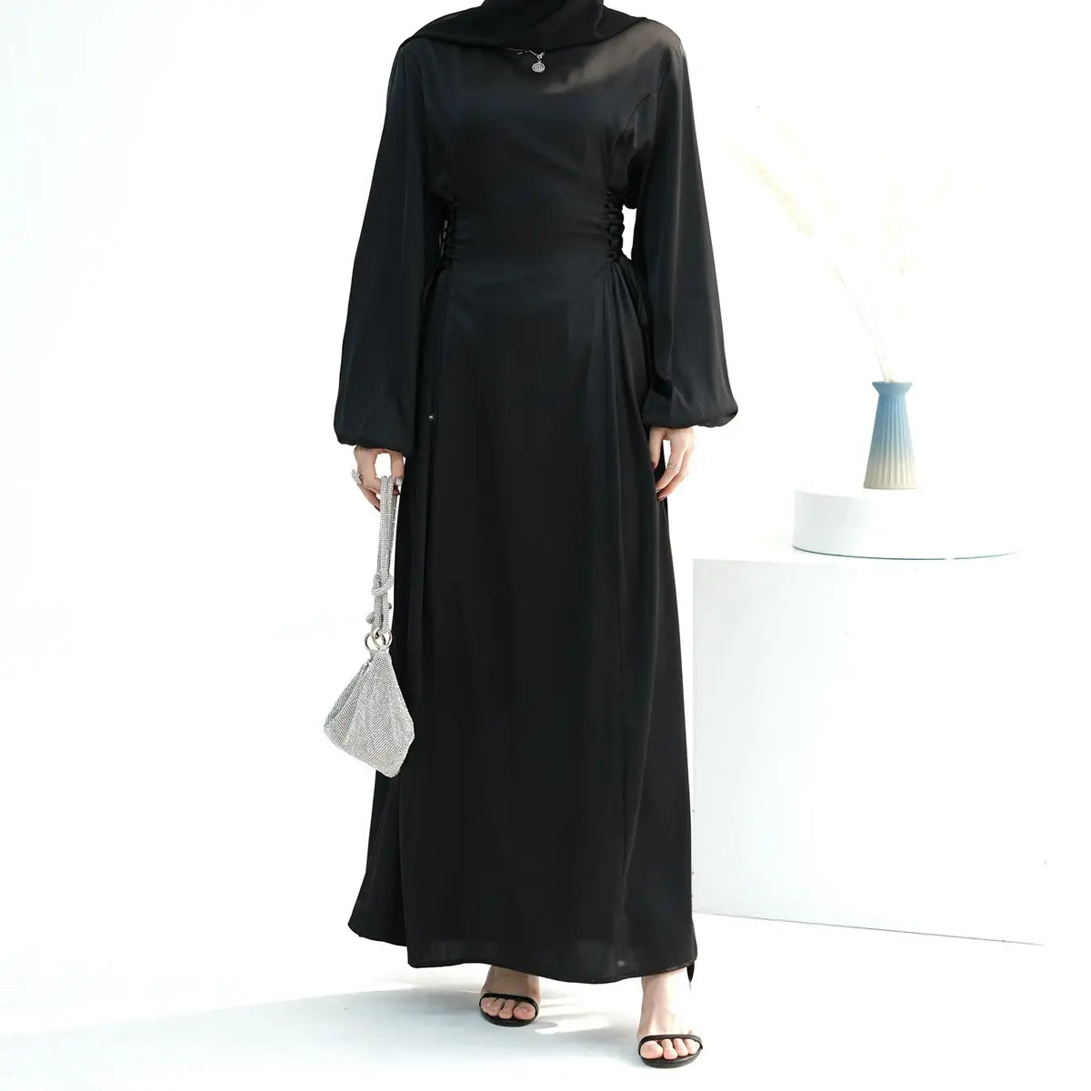 ladies abaya dress Blue Maryam Floral Abaya Dress & Pants Set In Premium Silk Cotton