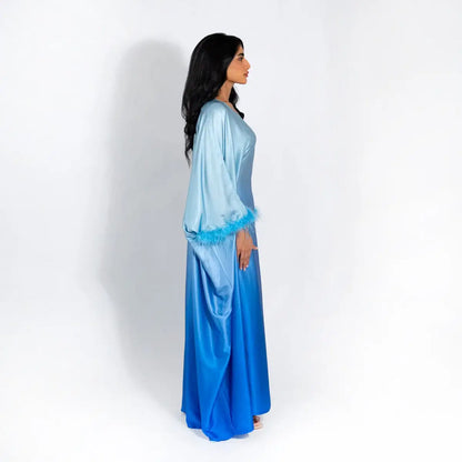 Feather Batwing Sleeve Inner Belt Satin Farasha Abaya Dress