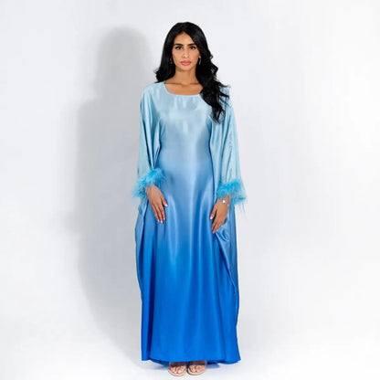 Feather Batwing Sleeve Inner Belt Satin Farasha Abaya Dress