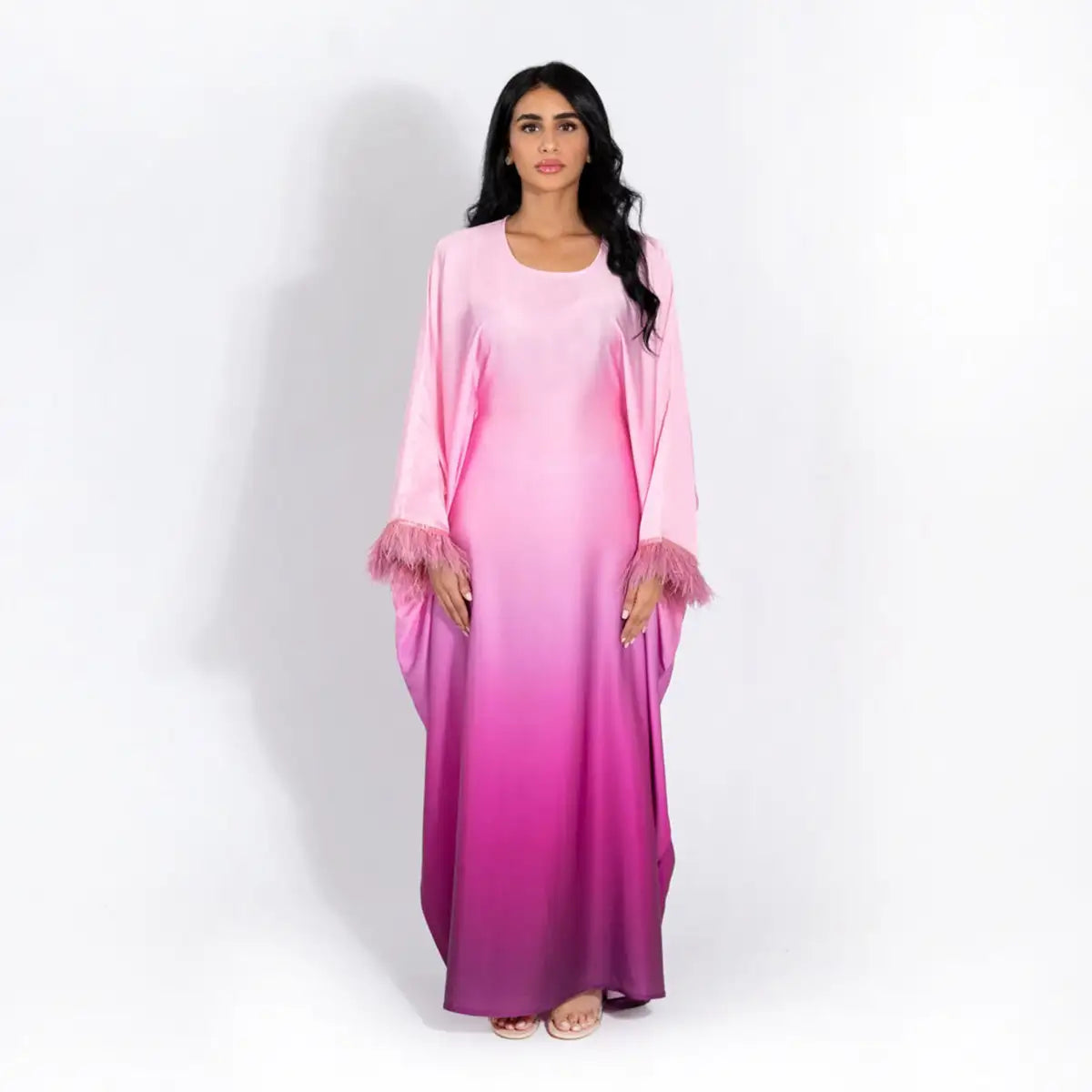 Feather Batwing Sleeve Inner Belt Satin Farasha Abaya Dress