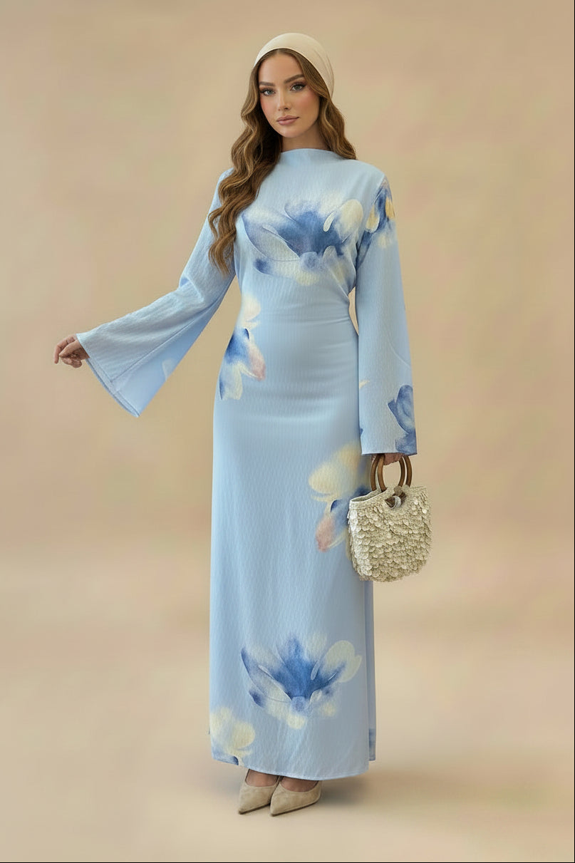 Muslim Women Printed Wrinkle Abaya Dress With Inner Belt #261358