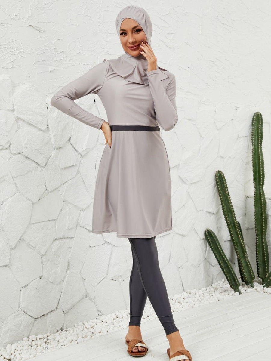 Muslim Burkini 3 Pieces Set Swimsuit Swimwear - Islamic Halal Bathing Suit - Gray - #2611064