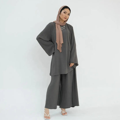 3 Pieces Set Tops Pant Suit With Open Abaya Dress For Muslim Women