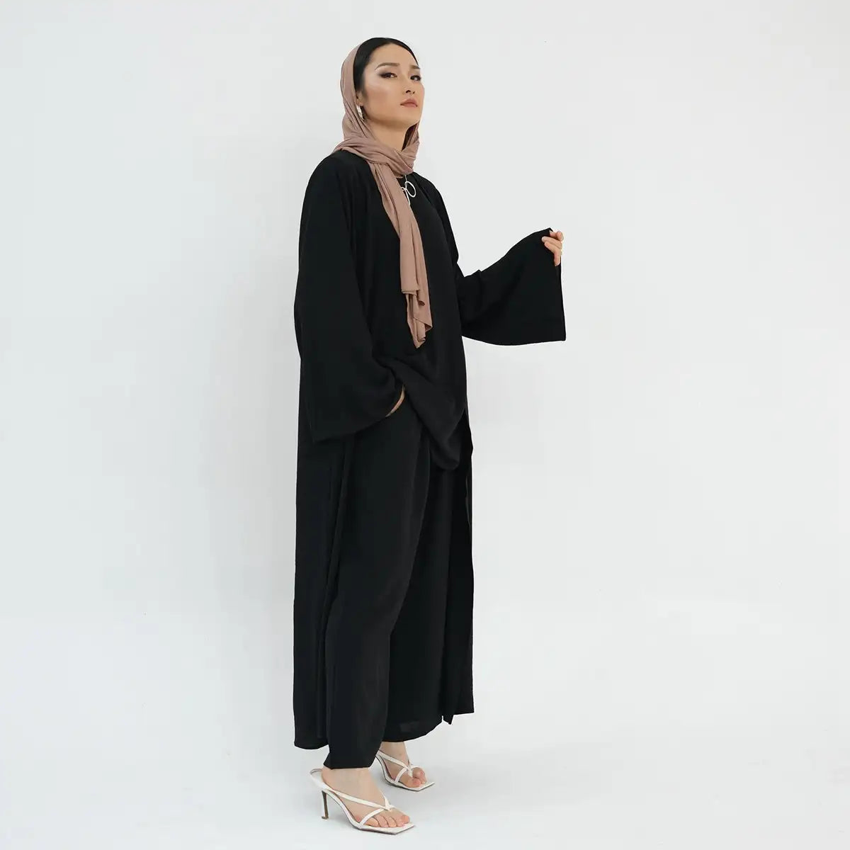 3 Pieces Set Tops Pant Suit With Open Abaya Dress For Muslim Women