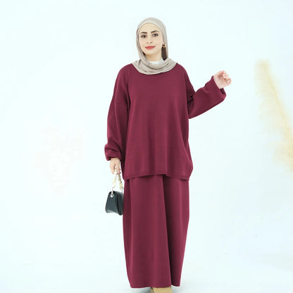 Winter Fall 2 Pieces Set Knitted Tops And Skirt Suit Modest Fashion Clothing