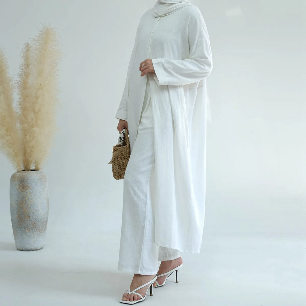 2 Pieces Set Linen-cotton Blended Tops Robe And Pants Suit Arab Women Daily Wear #25924