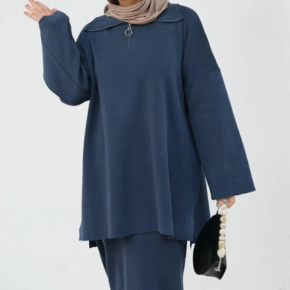 Winter Fall Muslim Women Thick Knitted 2 Pieces Set Tops And Skirt Suit Set #25929