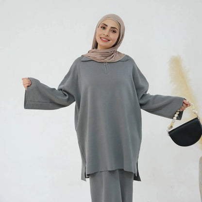 Winter Fall Muslim Women Thick Knitted 2 Pieces Set Tops And Skirt Suit Set #25929