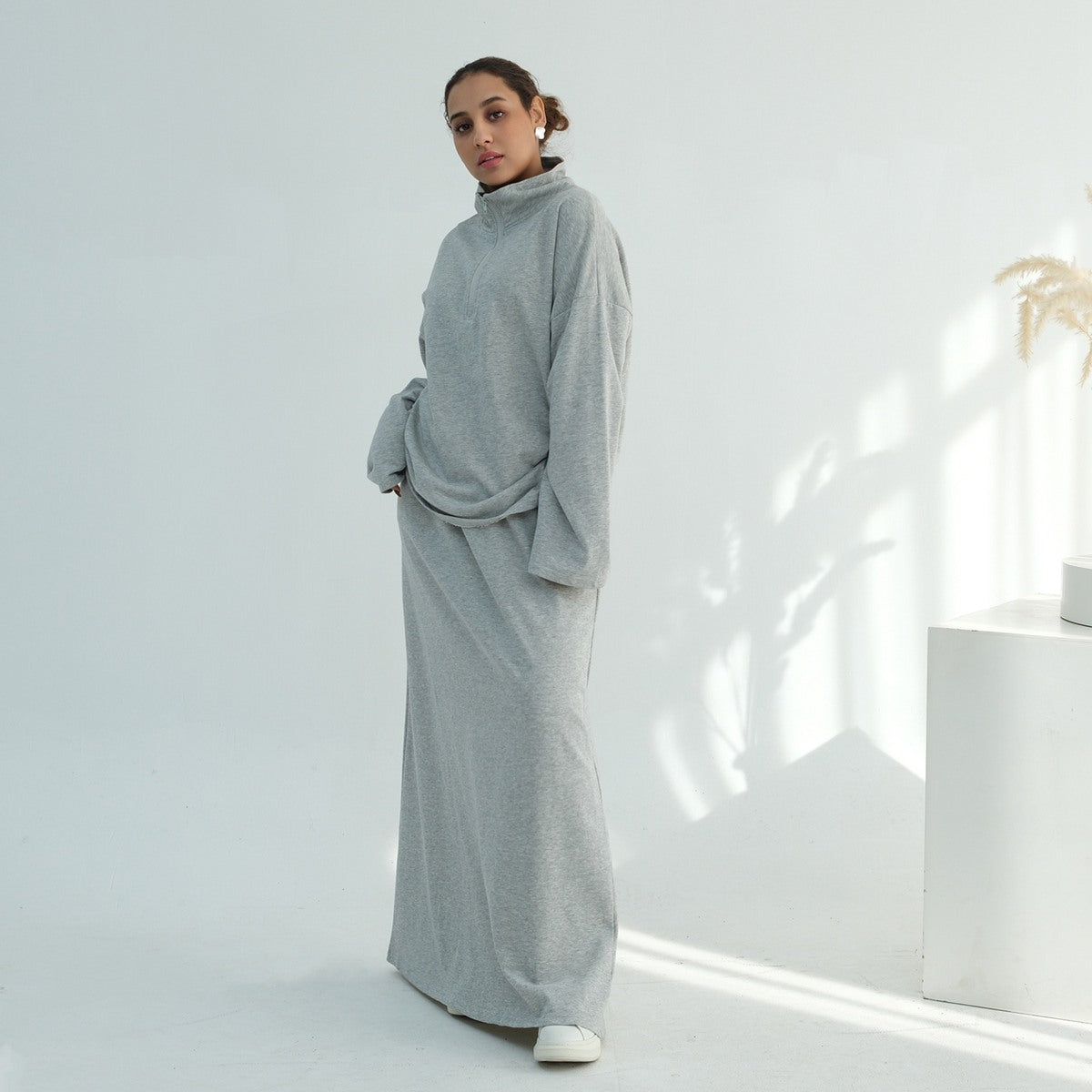 Muslim Women Winter Fall Cotton Co-ord Tops And Skirt Suit Set #251127