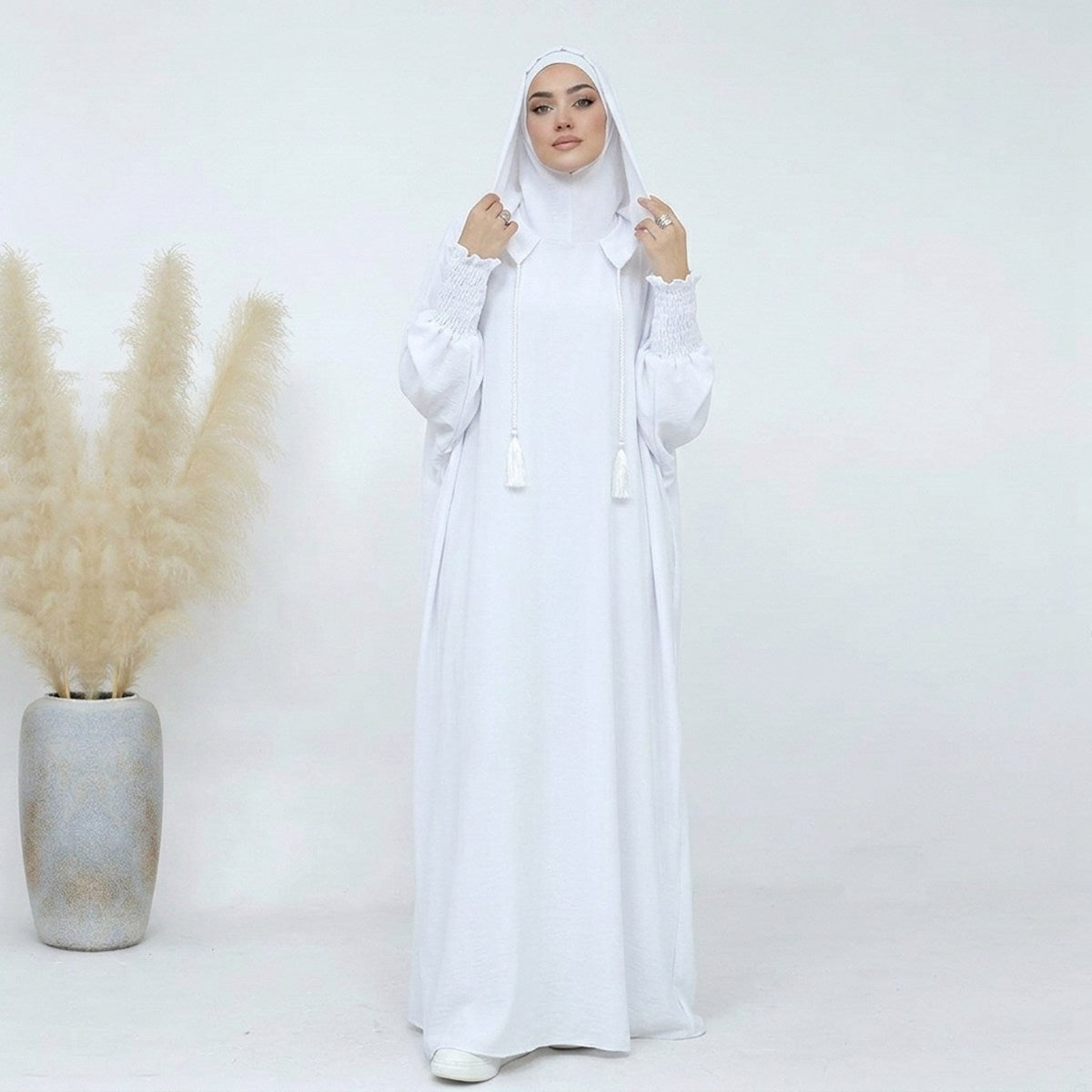 Muslim Women Hooded Abaya Prayer Dress Cotton Blend Jilbab Halal Clothing