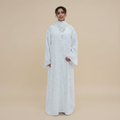 3D Floral Embellishments Open Abaya Dress - Double Layers Fabric - With A Matching Hijab - For Muslim Women - #261187