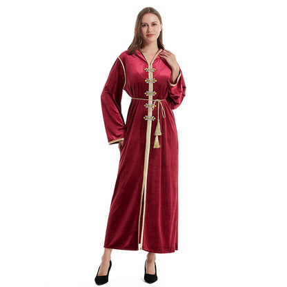 Cotton-Blend Hooded Caftan Kaftan Dress Djellaba With Rhinestone