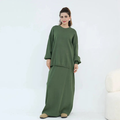 Winter Fall Muslim Women Thick Knitted 2 Pieces Set Tops And Skirt Suit Set #25929