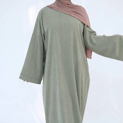 Thick Winter Fall Corduroy Abaya Dress With Pocket #24926