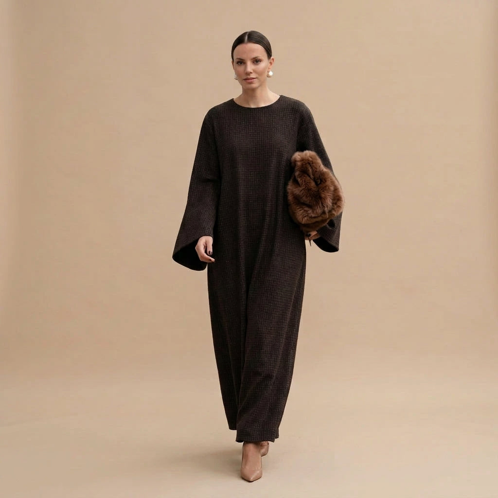 Muslim Women Winter Fall Thick Diamond Jacquard Abaya Dress #261412