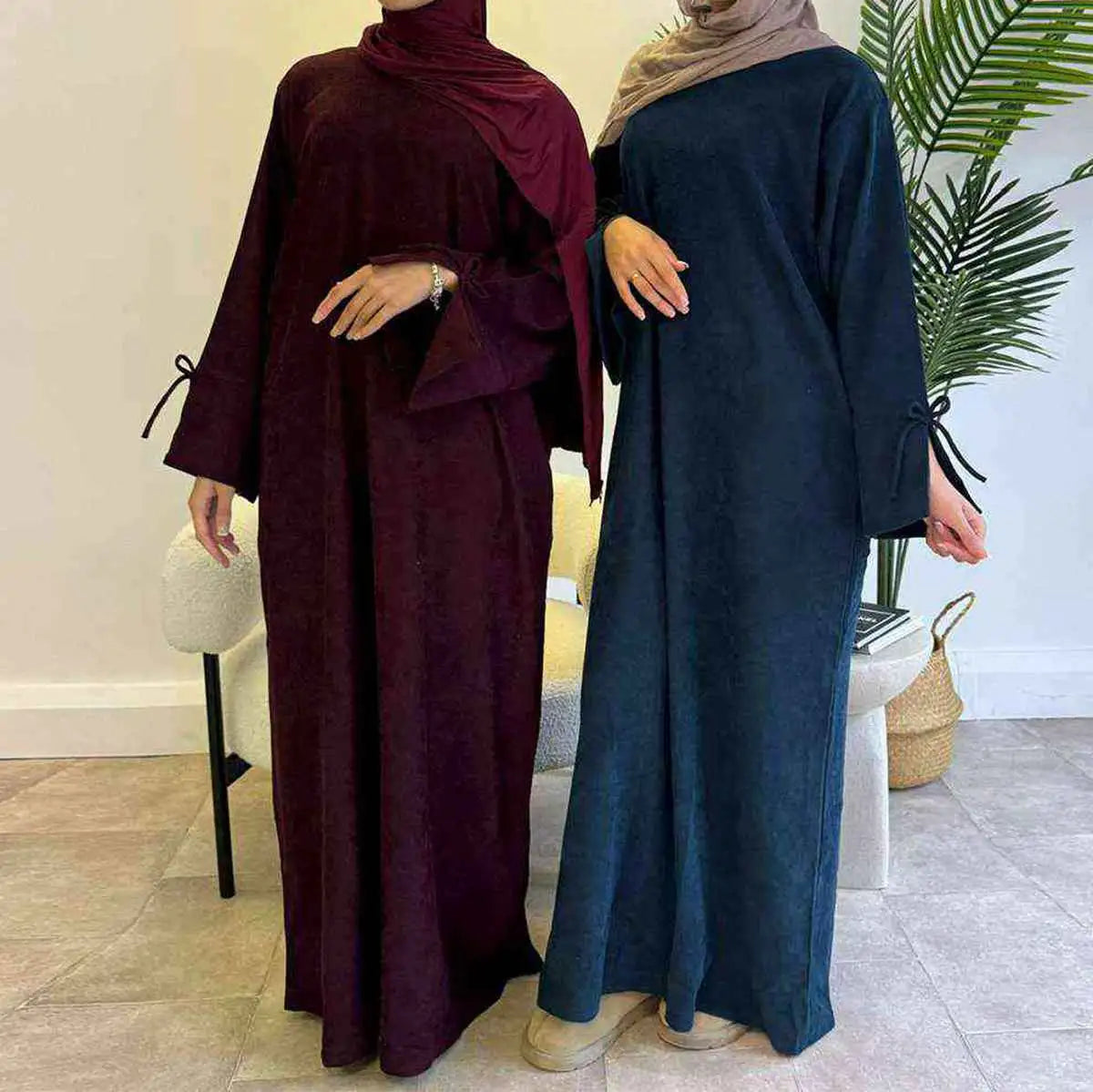 Bowknot Cuff Corduroy Winter Fall Abaya Dress #24925