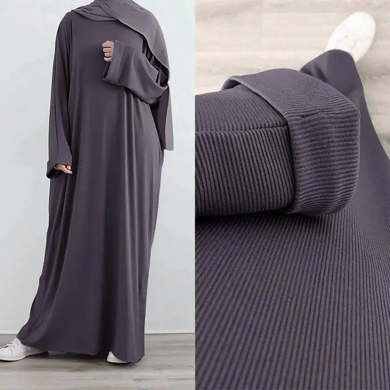 Thread Knitted Fabric Winter Fall Muslim Women Abaya Dress