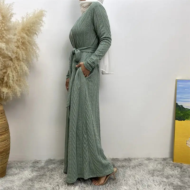 Winter Fall Knitting Open Cardigan Abaya Dress For Muslim Women With Pocket