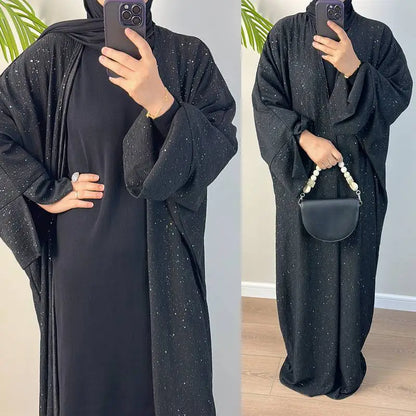 Muslim Women Winter Fall Shining Powder Cardigan Open Abaya Dress