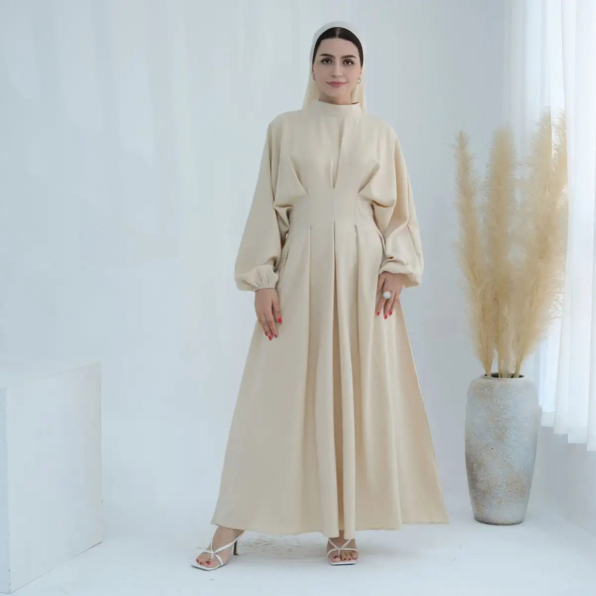 Muslim Women Elastic Sleeve Linen Abaya Dress