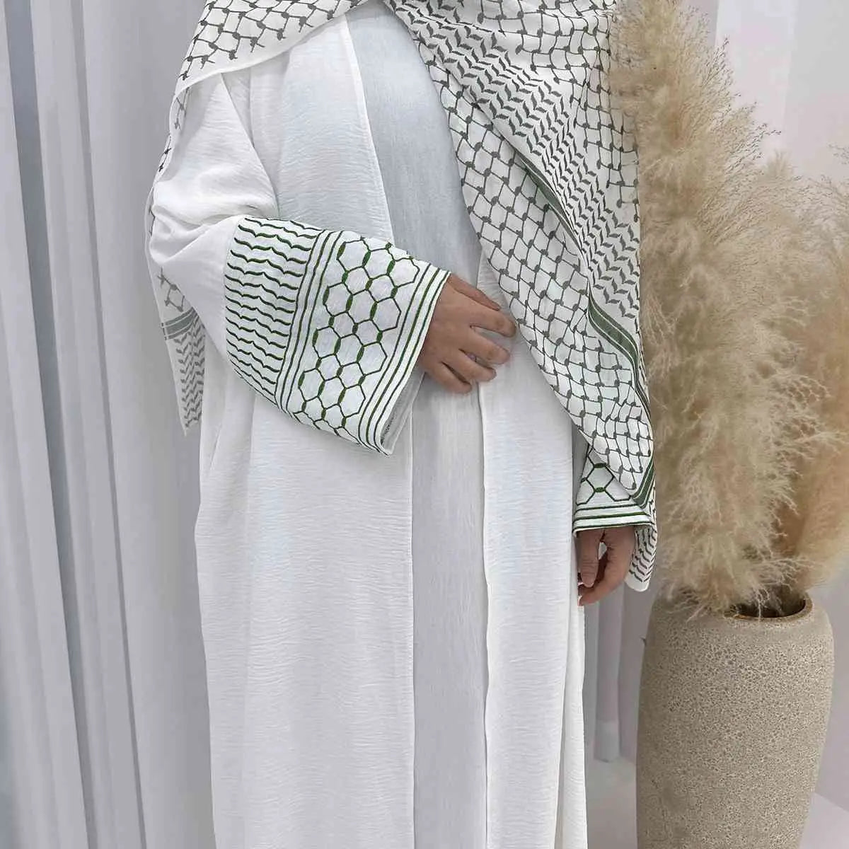 Keffiyeh Embroidery Sleeve Muslim Women Open Abaya Dress