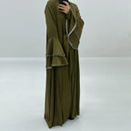 Eid Outfits 3 Pieces Set Satin Open Abaya Dress Set With Inne Dress And Midi Wrap