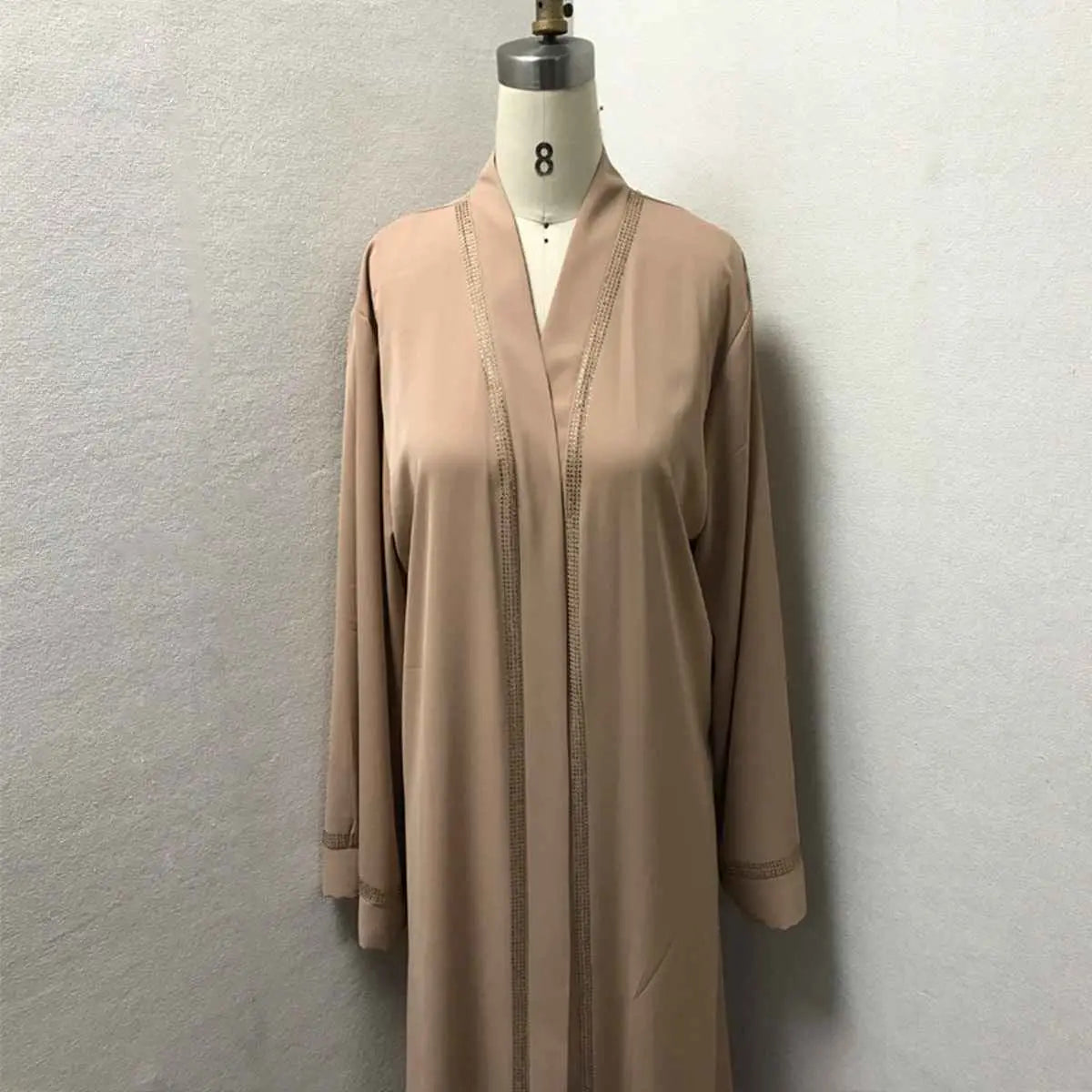 Hotfix Rhinestones Trim Muslim Women Cardigan Open Abaya Dress