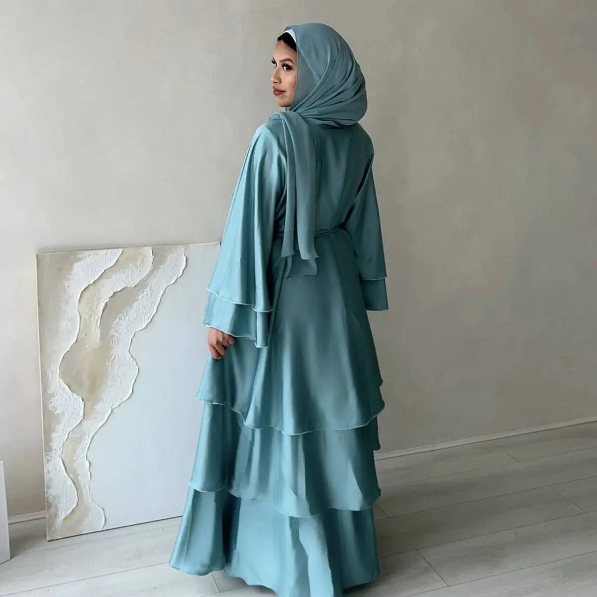 Muslim Women 3 Layer Satin Open Abaya Dress