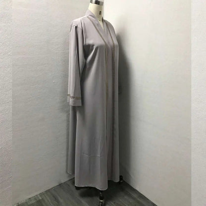 Hotfix Rhinestone Trim Muslim Women Cardigan Open Abaya Dress