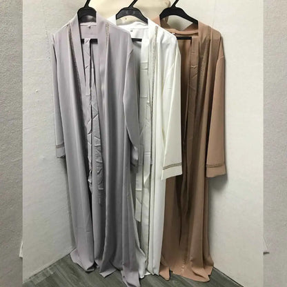 Hotfix Rhinestone Trim Muslim Women Cardigan Open Abaya Dress