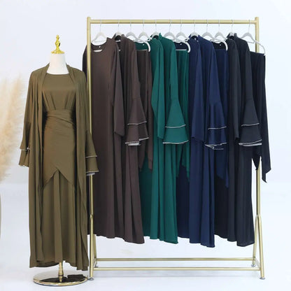 Eid Outfits 3 Pieces Set Satin Open Abaya Dress Set With Inne Dress And Midi Wrap