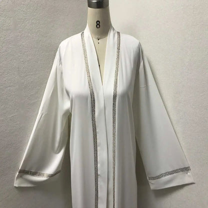 Hotfix Rhinestone Trim Muslim Women Cardigan Open Abaya Dress