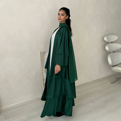 Muslim Women 3 Layer Satin Open Abaya Dress