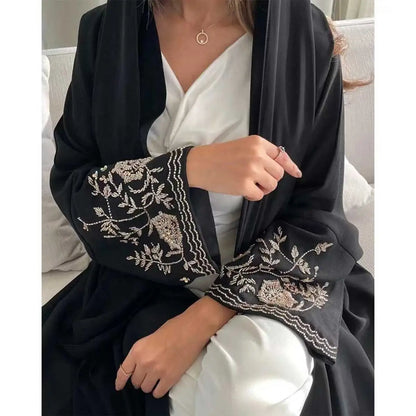 Flower Embroidery Sleeve Muslim Women Cardigan Open Abaya Dress