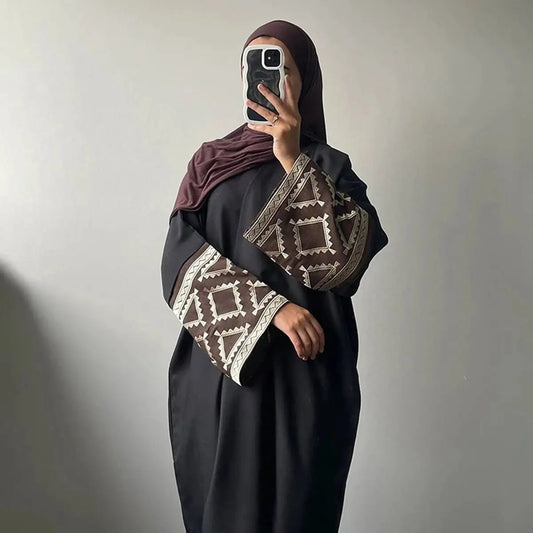 Muslim Women Embroidery Sleeve Cardigan Open Abaya Dress