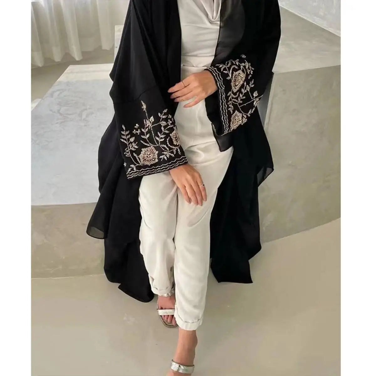 Flower Embroidery Sleeve Muslim Women Cardigan Open Abaya Dress