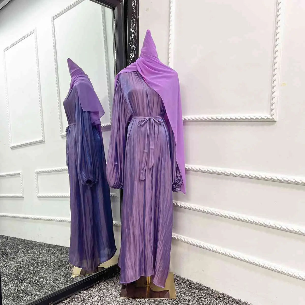 Muslim Dubai Puff Sleeve Open Abaya Dress With Hijab Scarf