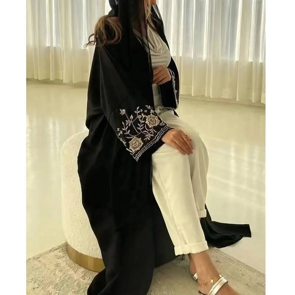 Flower Embroidery Sleeve Muslim Women Cardigan Open Abaya Dress